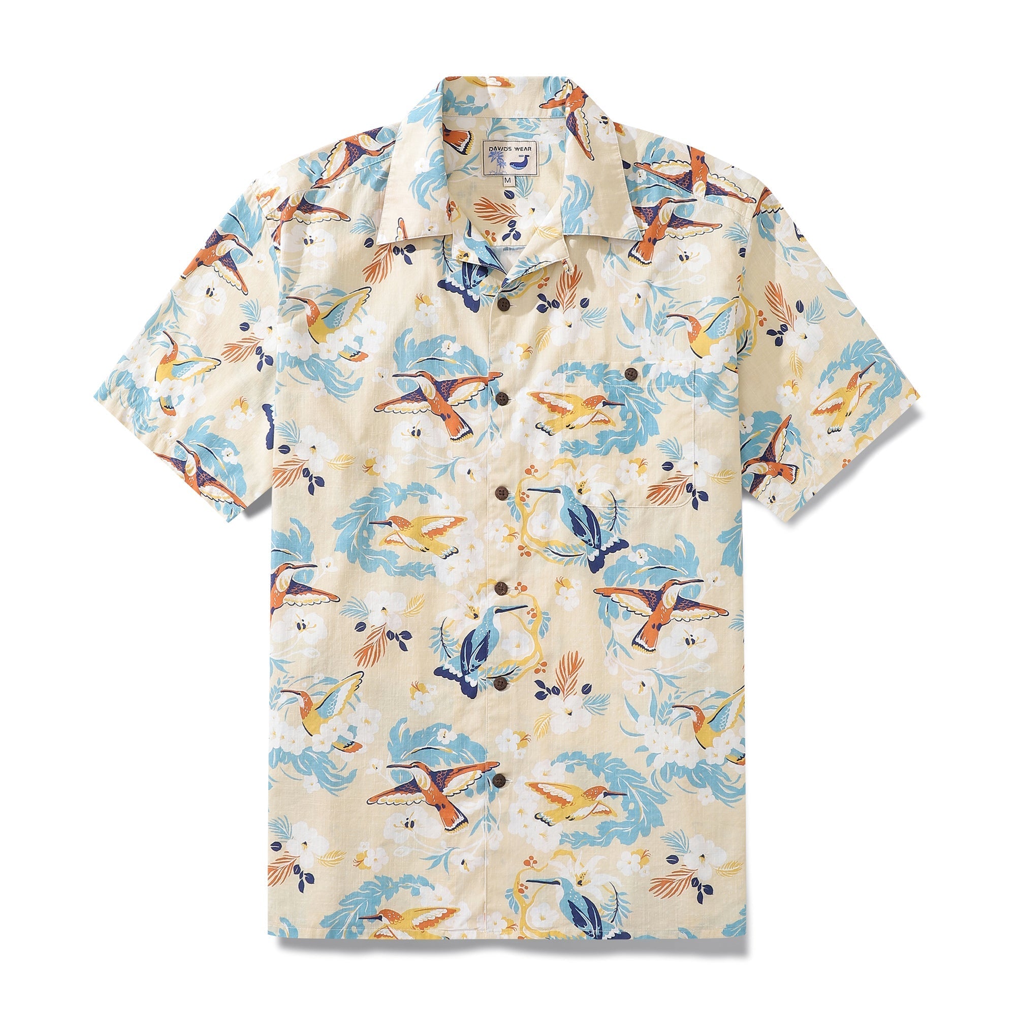 Camisas Hawaianas Para Hombre Flores Blancas y Camisa de Colibrí 100% Algodón