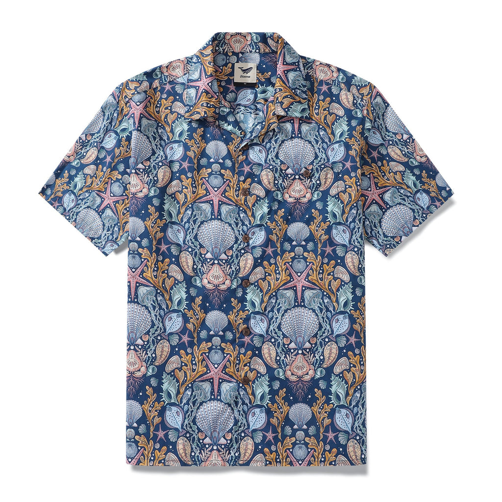 Camisa Hawaiana para Hombre Deep Sea Damask de Rebecca Elfast, Cuello Cubano, 100% Algodón