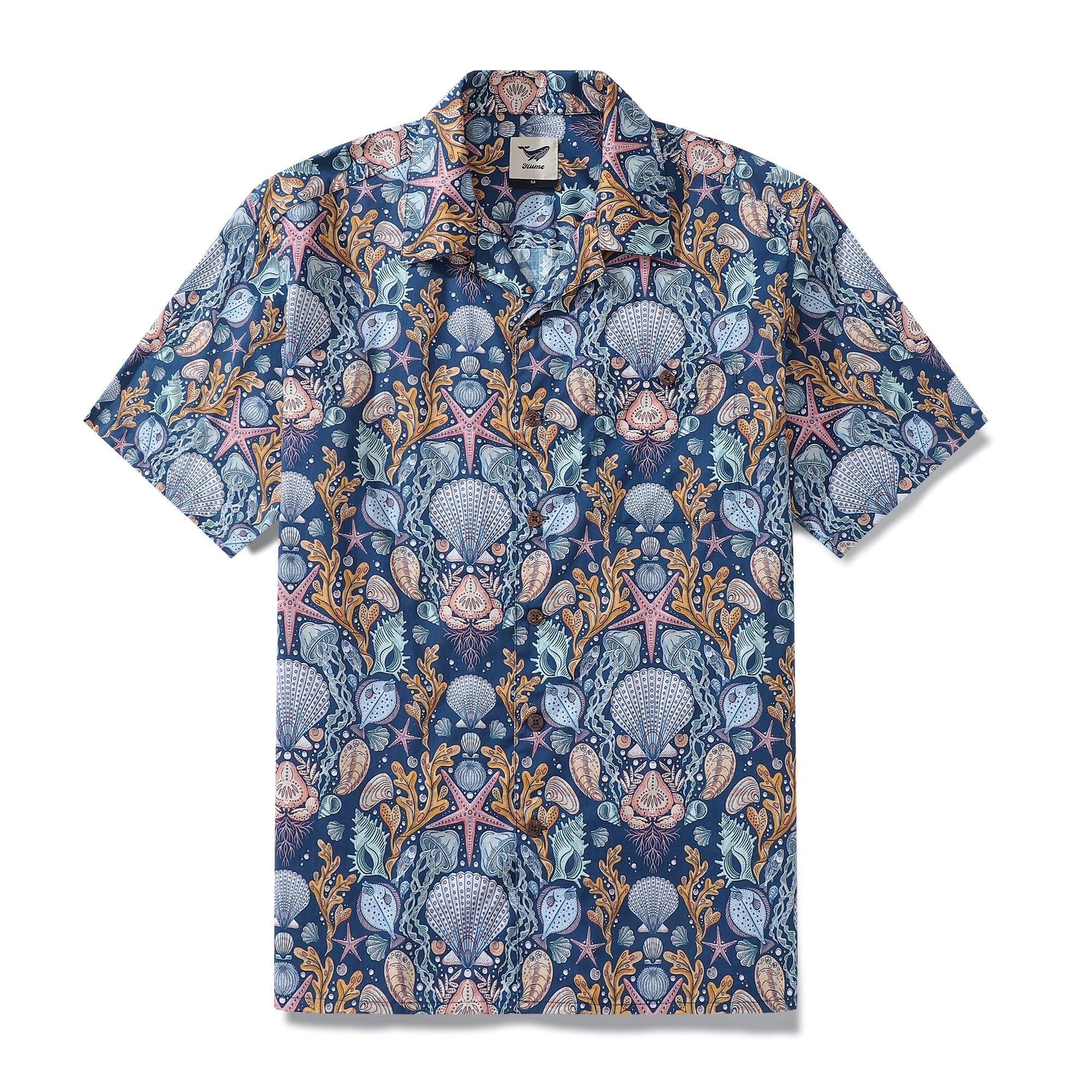 Camisa Hawaiana para Hombre Deep Sea Damask de Rebecca Elfast, Cuello Cubano, 100% Algodón