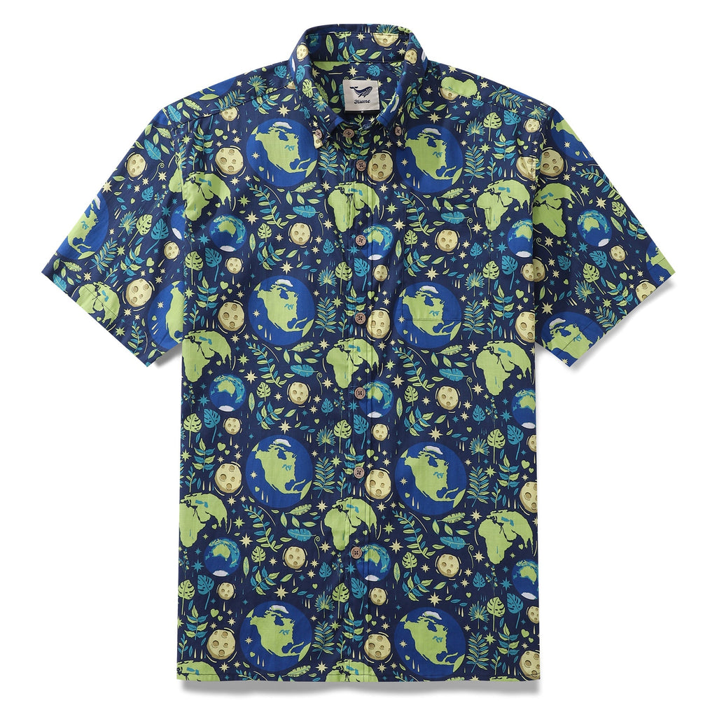 Camisa hawaiana de hombre Azul Planeta Día de la Tierra Algodón Abotonada Manga Corta Camisa Aloha