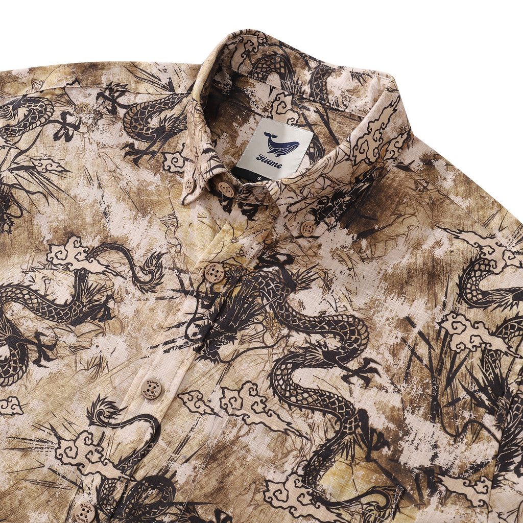 Camisa Hawaiana de Manga Larga para Hombre con Estampado de Tótem de Dragón de Algodón con Botones Aloha
