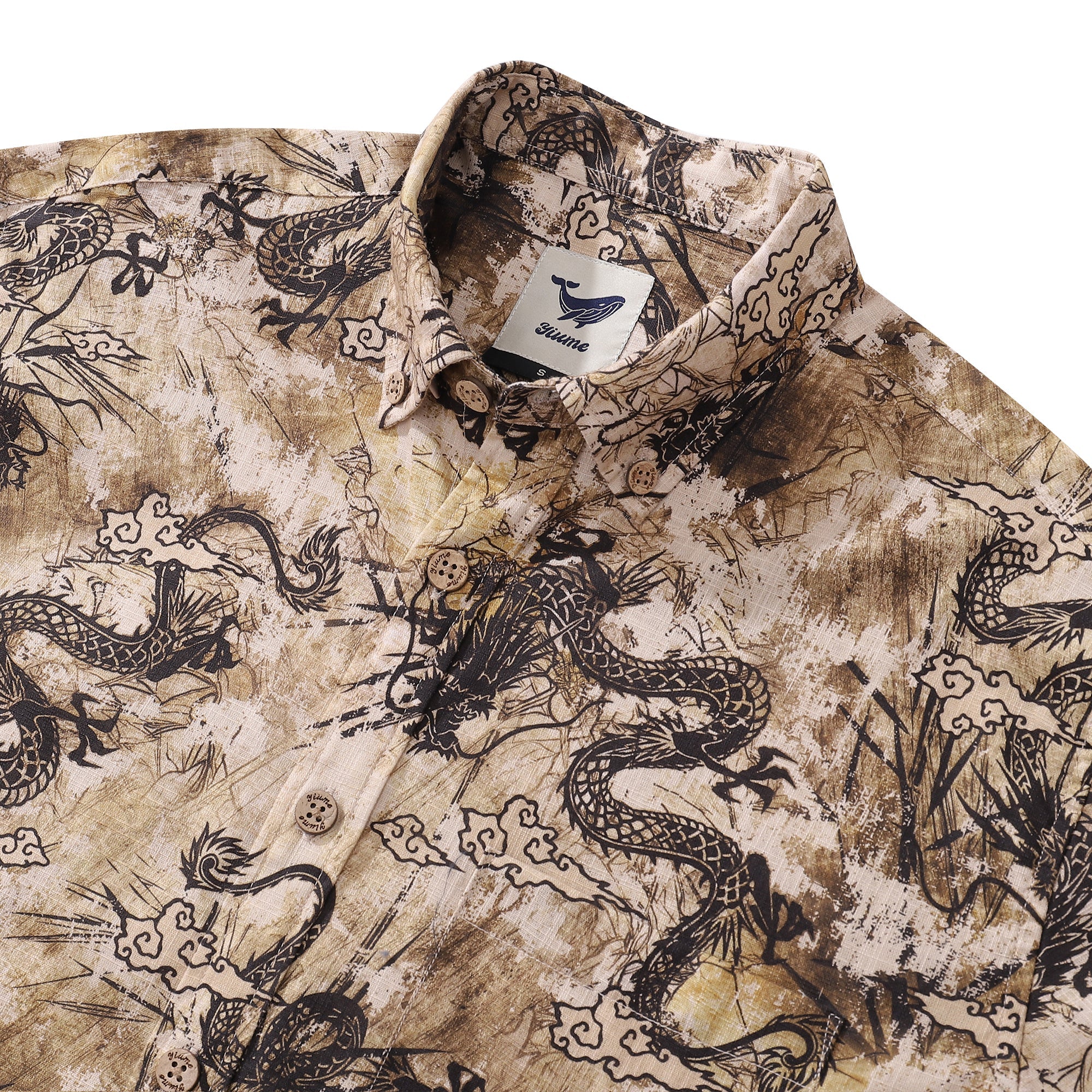 Camisa Hawaiana de Manga Larga para Hombre con Estampado de Tótem de Dragón de Algodón con Botones Aloha