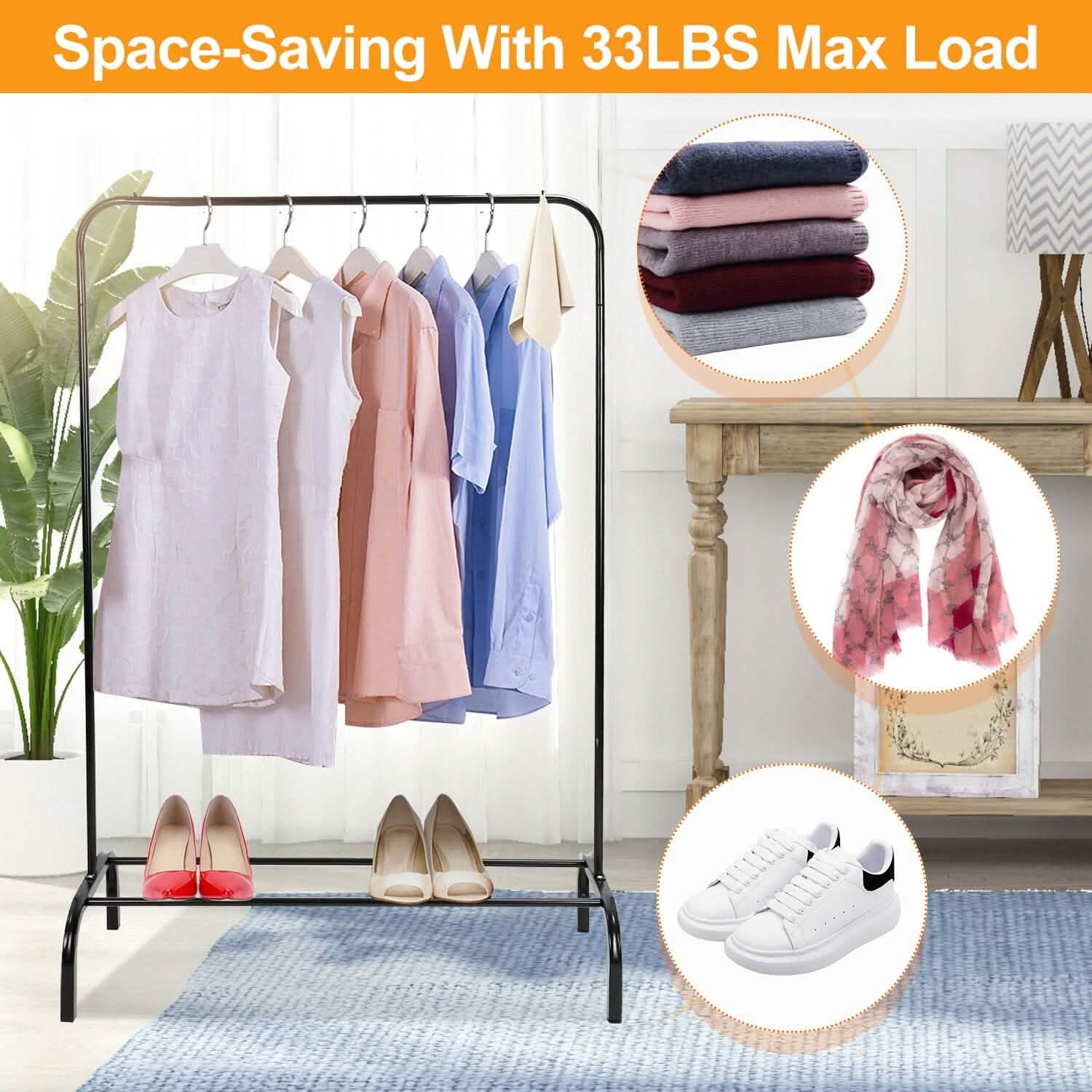 33Lbs Loading Garment Racks Freestanding with Bottom Shelf