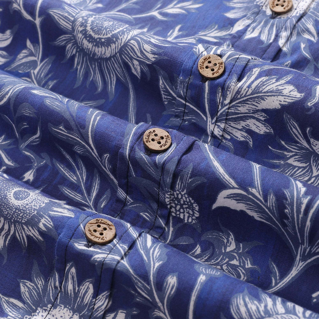 Camisa hawaiana para hombre, de algodón 100%, con estampado floral de girasoles azules y blancos, de manga corta y con botones.