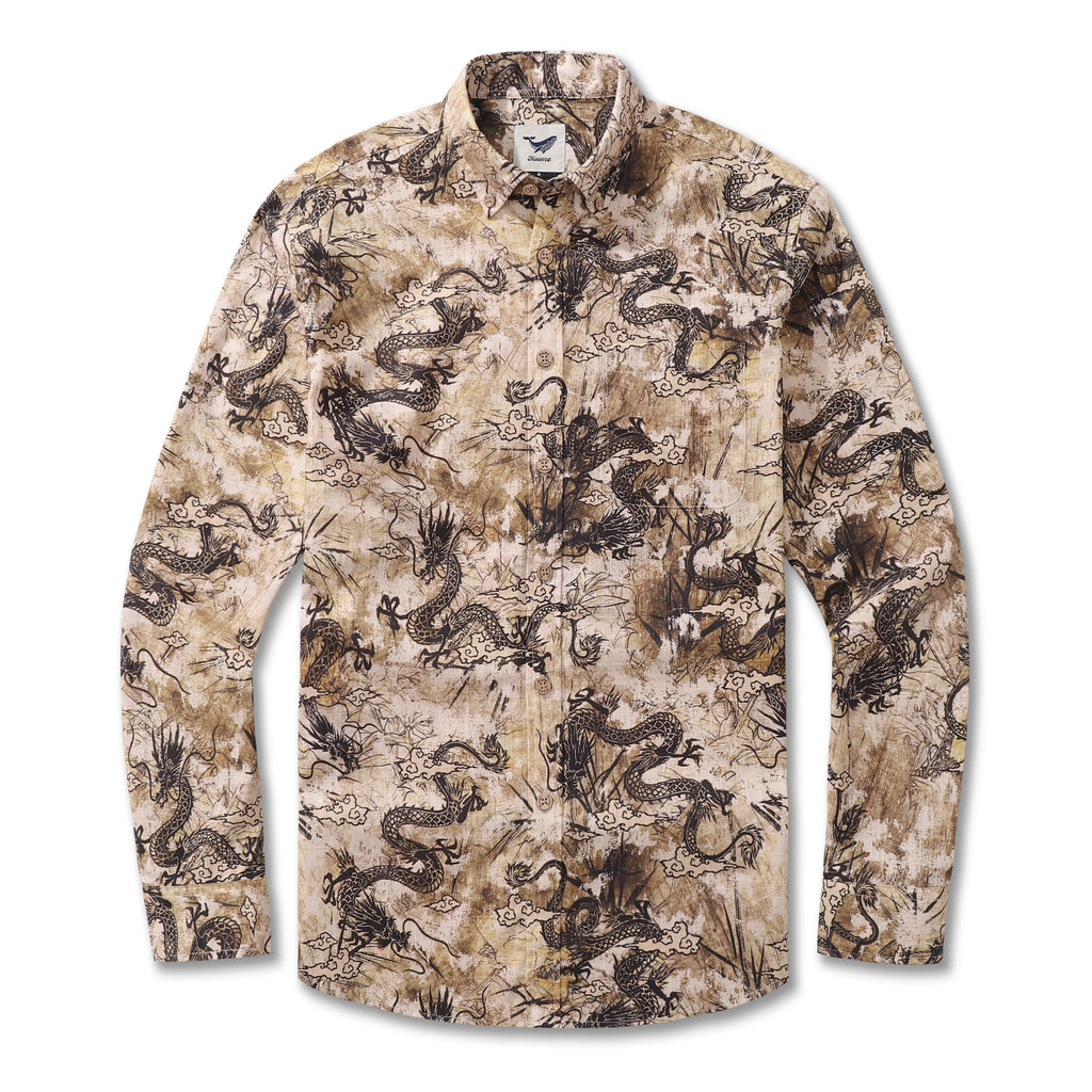 Camisa Hawaiana de Manga Larga para Hombre con Estampado de Tótem de Dragón de Algodón con Botones Aloha