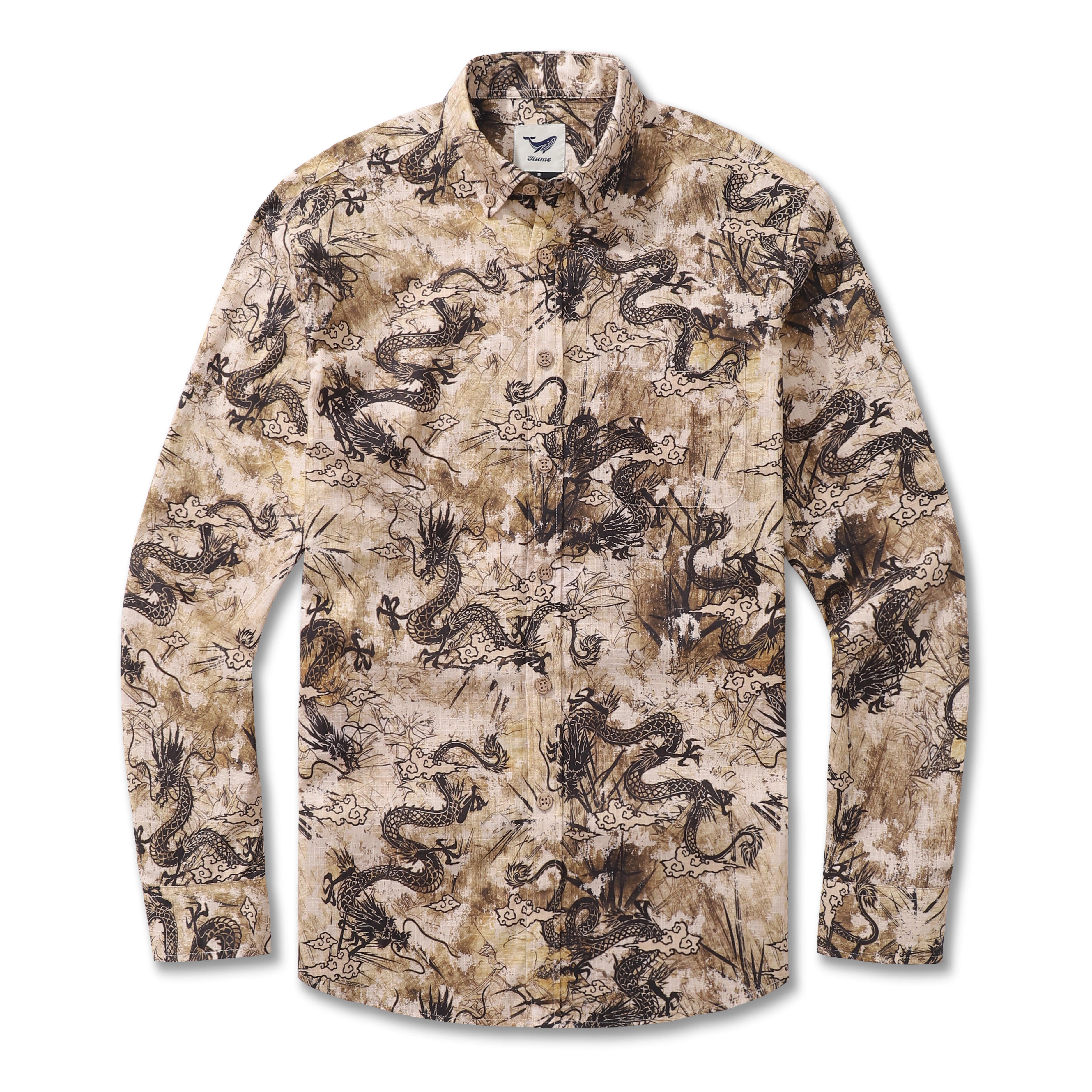 Camisa Hawaiana de Manga Larga para Hombre con Estampado de Tótem de Dragón de Algodón con Botones Aloha