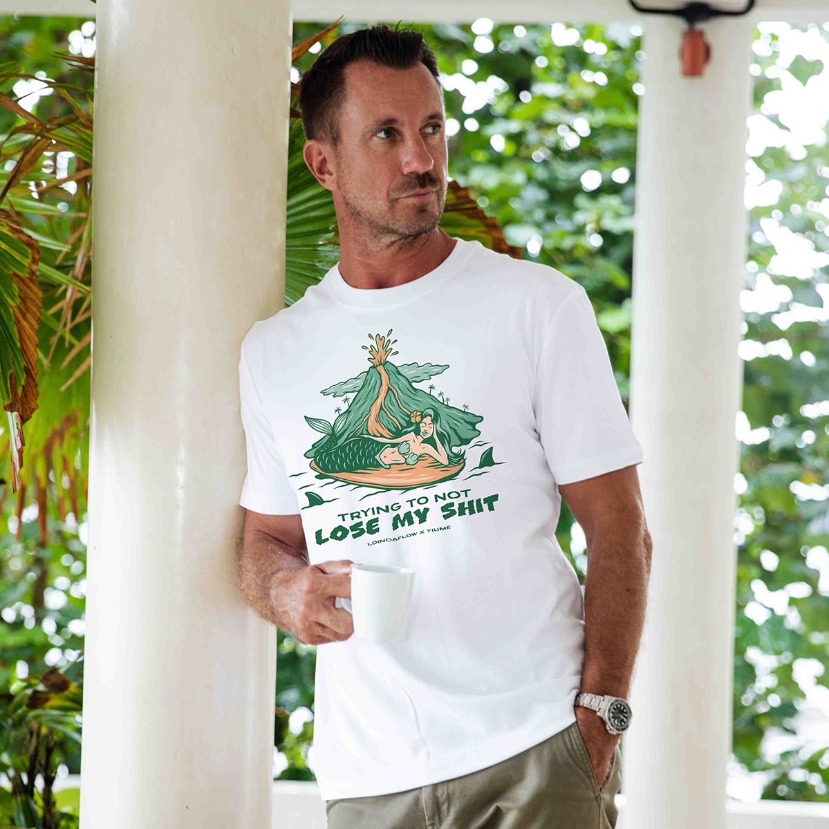 Camiseta Hawaiana para Hombre Hang Loose de Loindaflow Camiseta Cuello Redondo 100% Algodón - Blanco