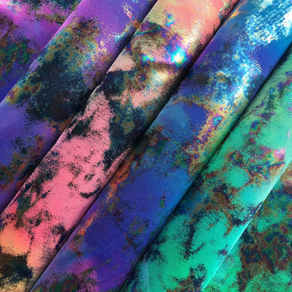 Funky Clouds Foil Printed Spandex Fabric | Blue Moon Fabrics