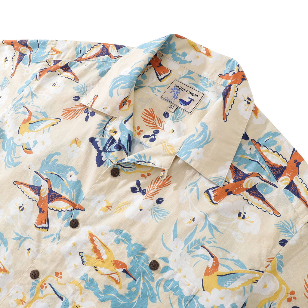Camisas Hawaianas Para Hombre Flores Blancas y Camisa de Colibrí 100% Algodón