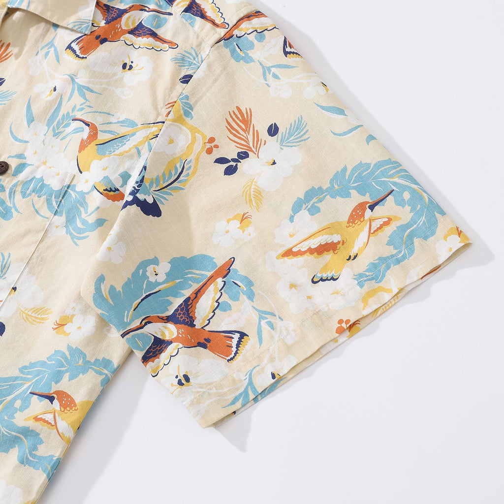 Camisas Hawaianas Para Hombre Flores Blancas y Camisa de Colibrí 100% Algodón