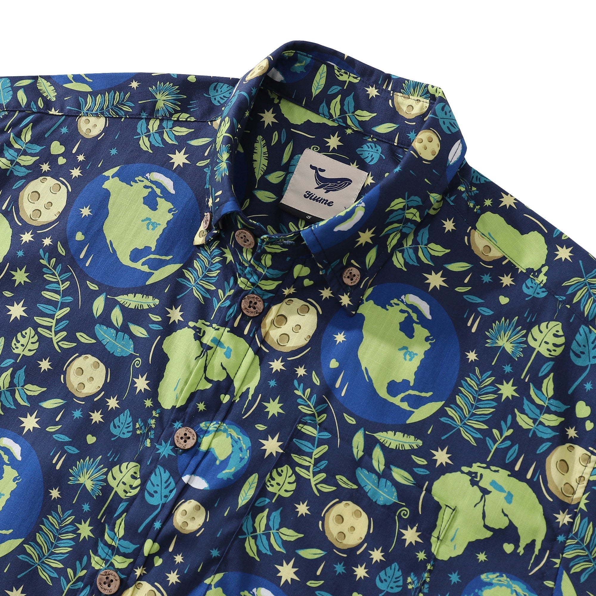 Camisa hawaiana de hombre Azul Planeta Día de la Tierra Algodón Abotonada Manga Corta Camisa Aloha