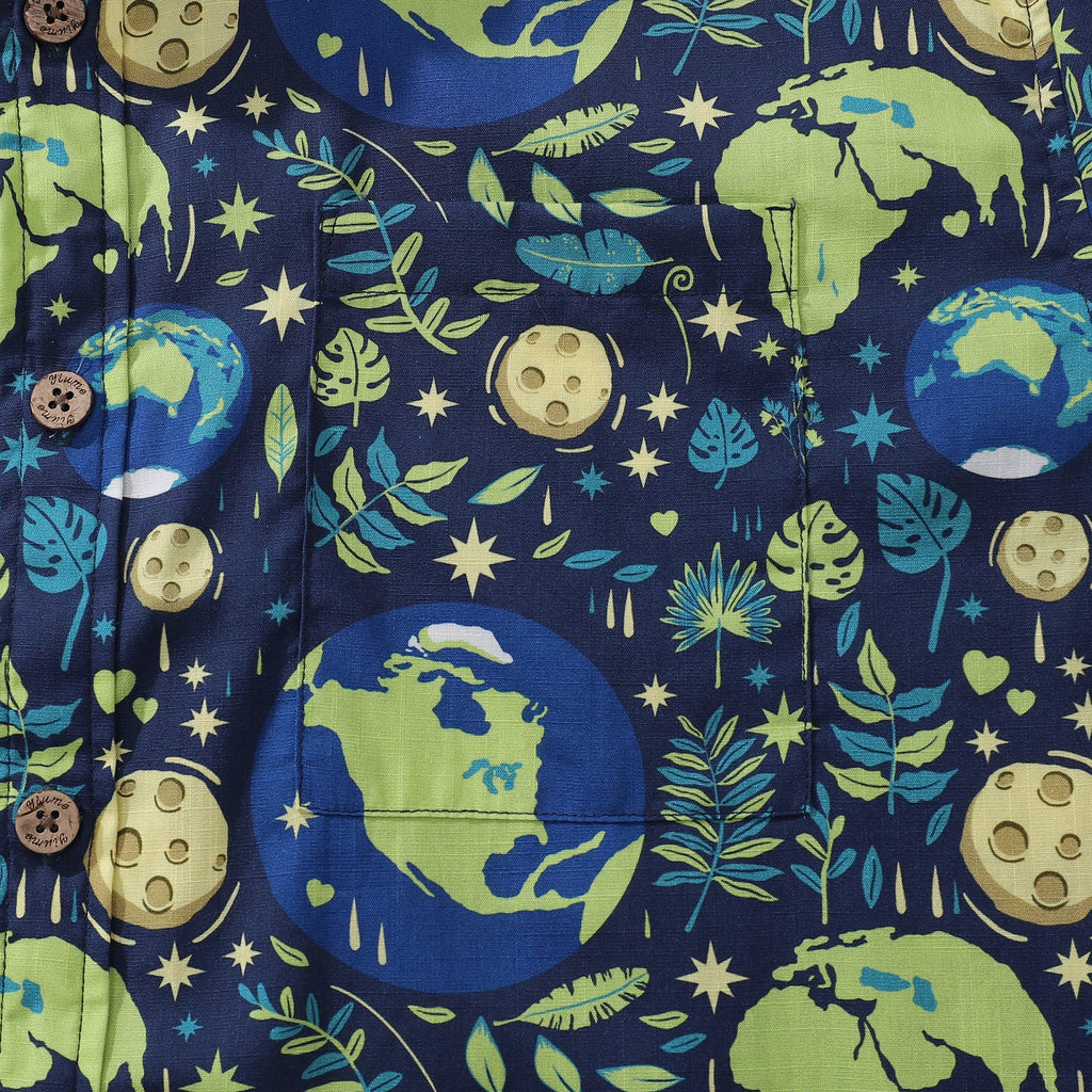 Camisa hawaiana de hombre Azul Planeta Día de la Tierra Algodón Abotonada Manga Corta Camisa Aloha