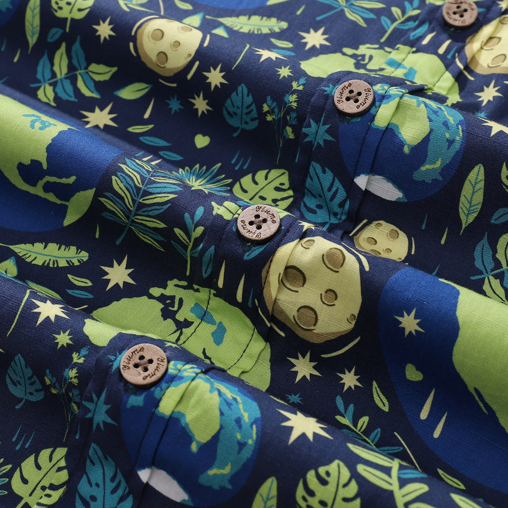 Camisa hawaiana de hombre Azul Planeta Día de la Tierra Algodón Abotonada Manga Corta Camisa Aloha
