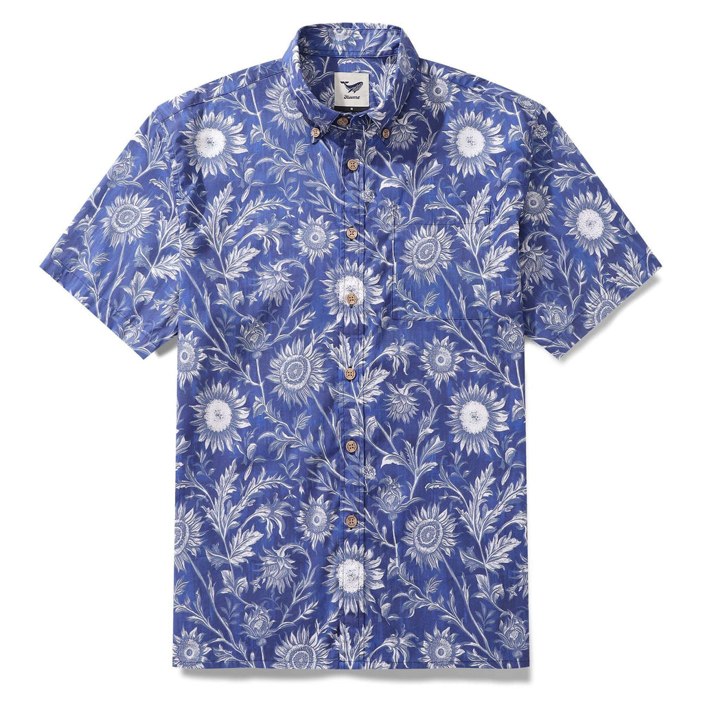 Camisa hawaiana para hombre, de algodón 100%, con estampado floral de girasoles azules y blancos, de manga corta y con botones.