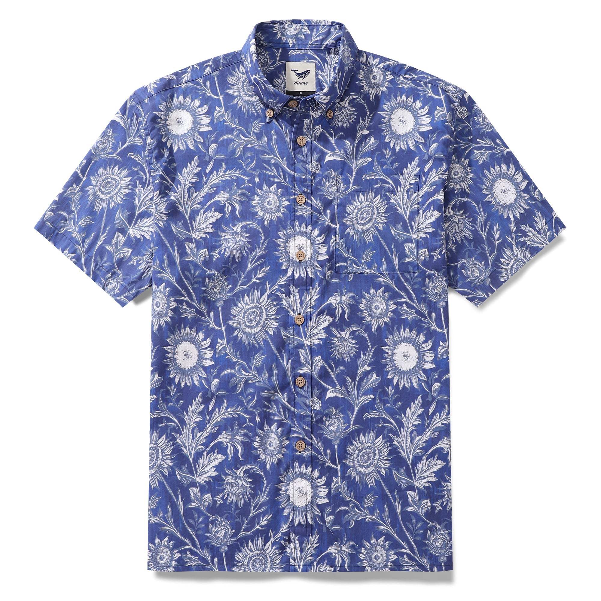 Camisa hawaiana para hombre, de algodón 100%, con estampado floral de girasoles azules y blancos, de manga corta y con botones.