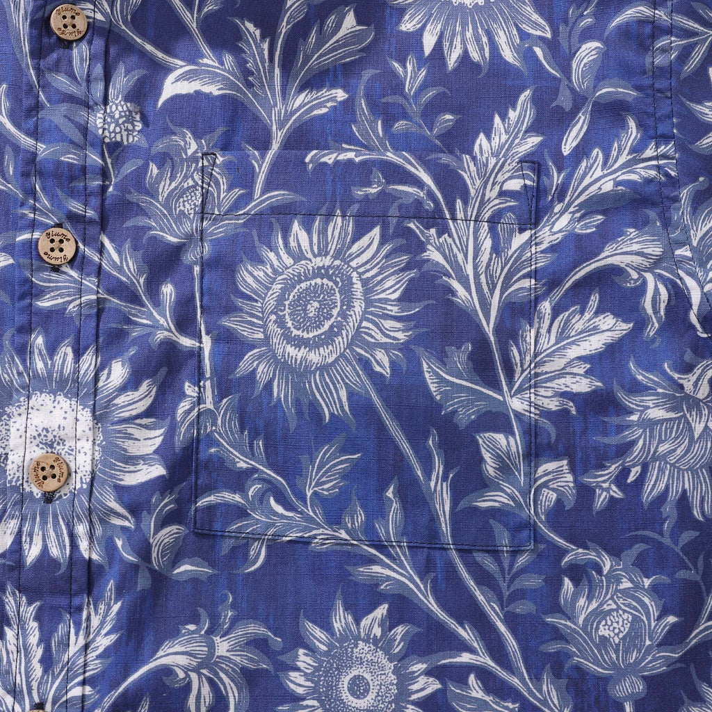 Camisa hawaiana para hombre, de algodón 100%, con estampado floral de girasoles azules y blancos, de manga corta y con botones.