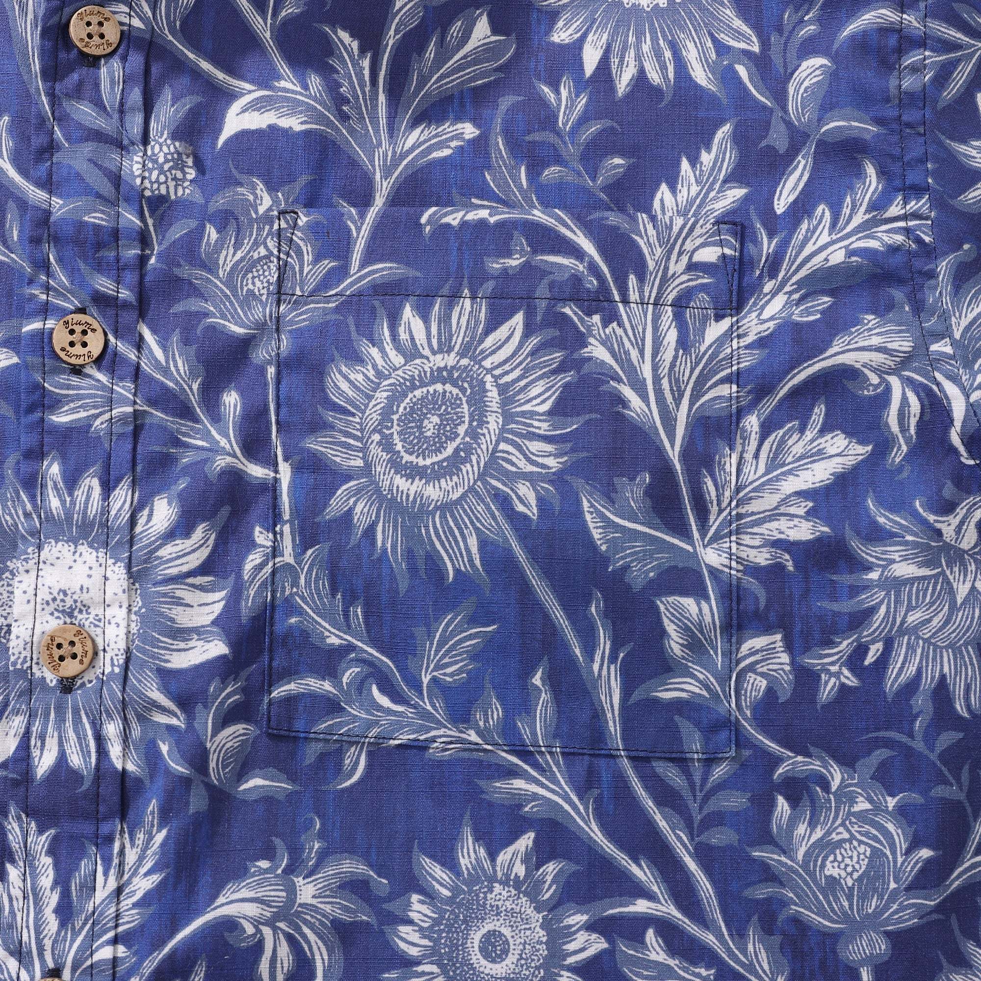 Camisa hawaiana para hombre, de algodón 100%, con estampado floral de girasoles azules y blancos, de manga corta y con botones.