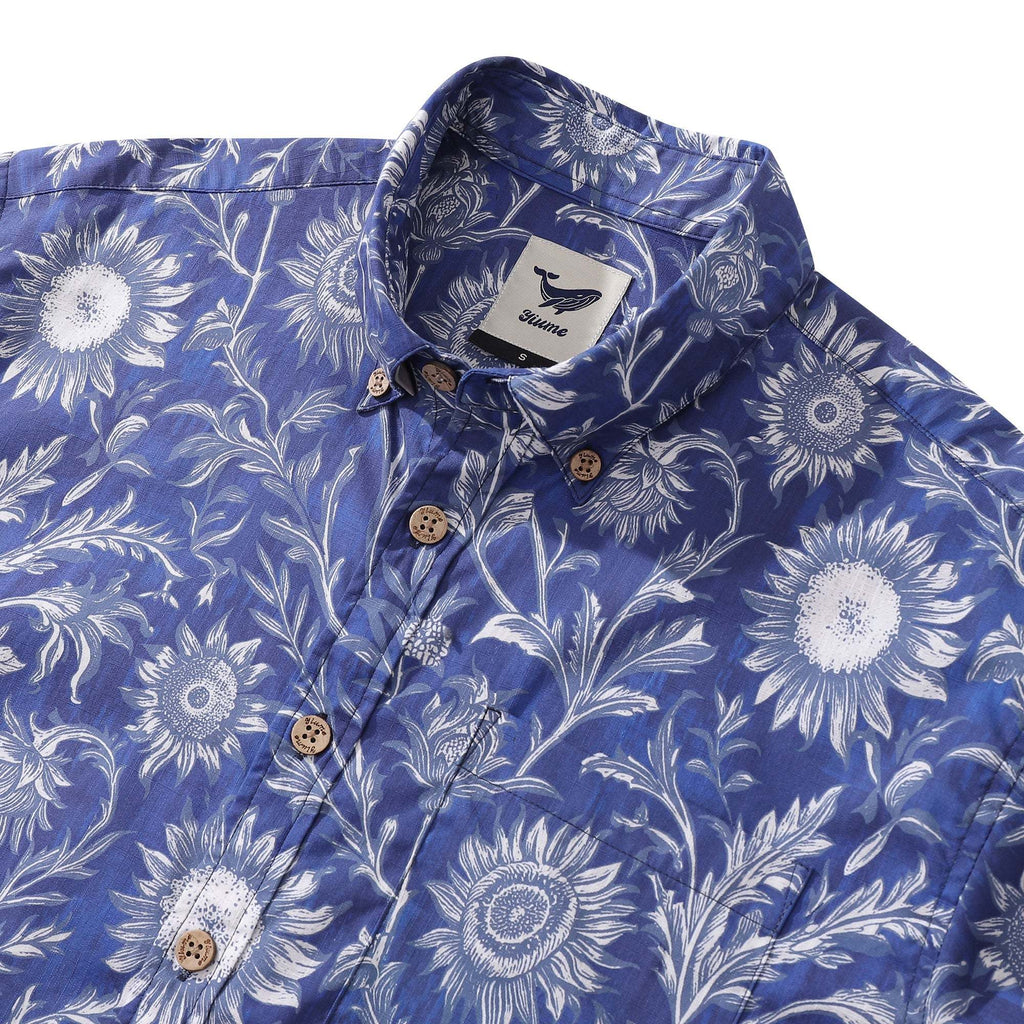 Camisa hawaiana para hombre, de algodón 100%, con estampado floral de girasoles azules y blancos, de manga corta y con botones.