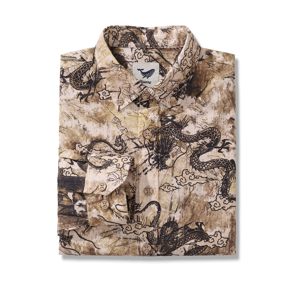 Camisa Hawaiana de Manga Larga para Hombre con Estampado de Tótem de Dragón de Algodón con Botones Aloha
