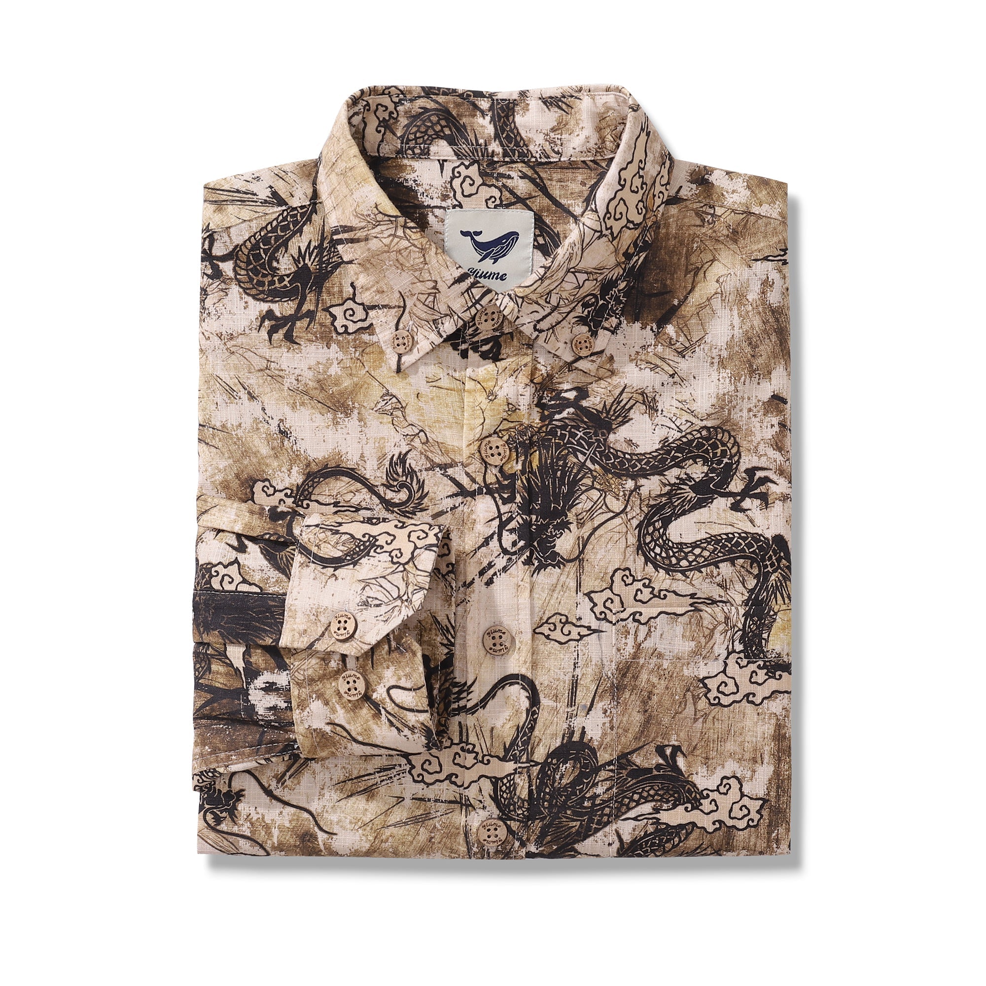 Camisa Hawaiana de Manga Larga para Hombre con Estampado de Tótem de Dragón de Algodón con Botones Aloha